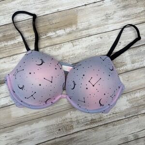 PINK Victoria's Secret Push Up Bra 34C Purple Celestial Moon Star Constellation